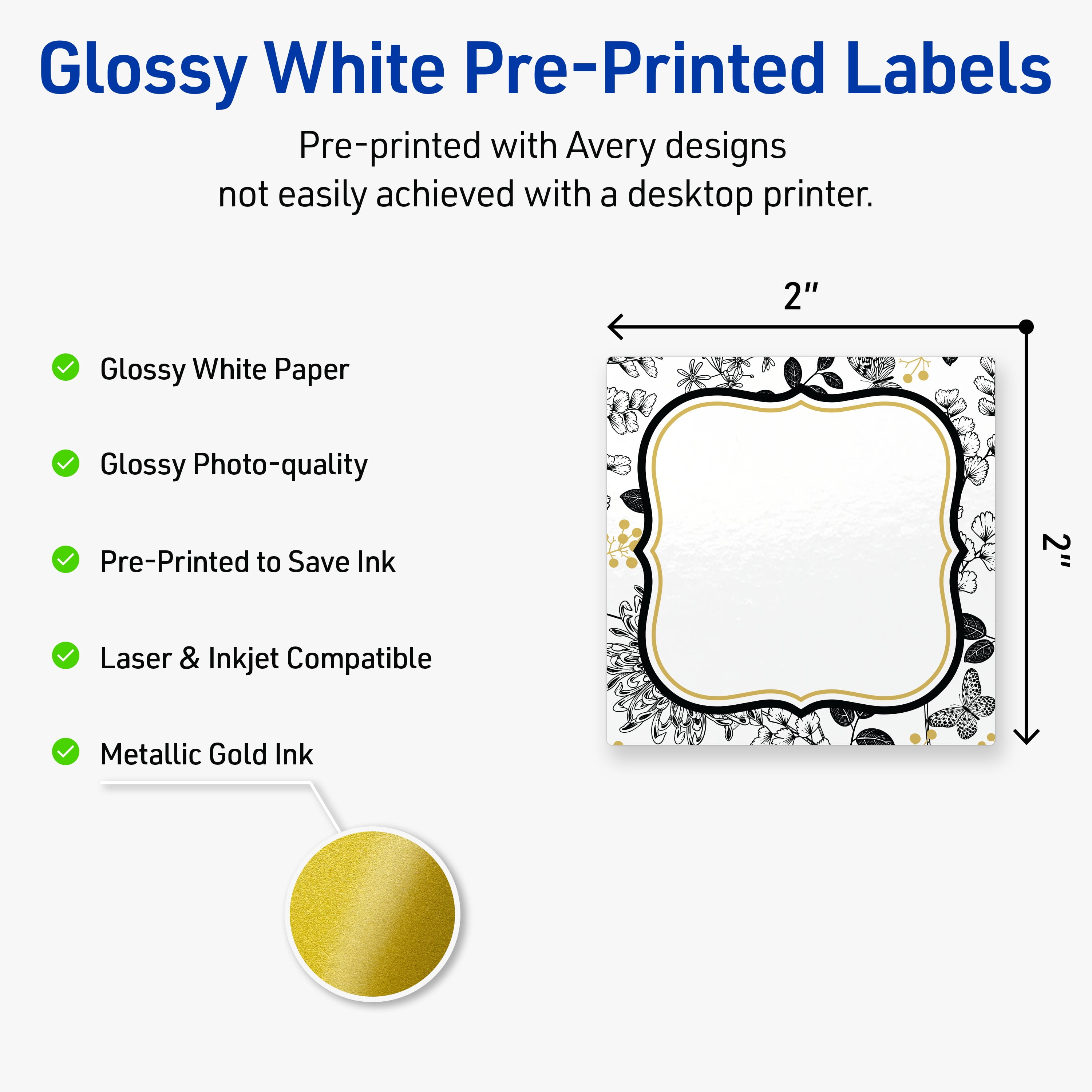 Avery Square Labels, 2" x 2", Gold Flourish & Black Florals, Glossy