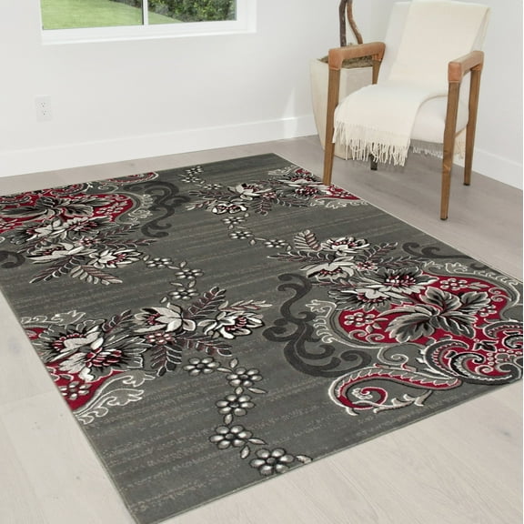 Lava/Grey/Silver/Black/Abstract Area Rug Modern Contemporary Floral and Swirlls Design Pattern