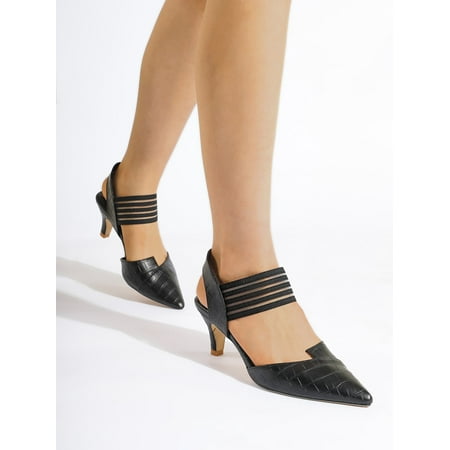 

Embossed Point Toe Cone Heeled Ankle Strap Pumps Women‘s Footwear