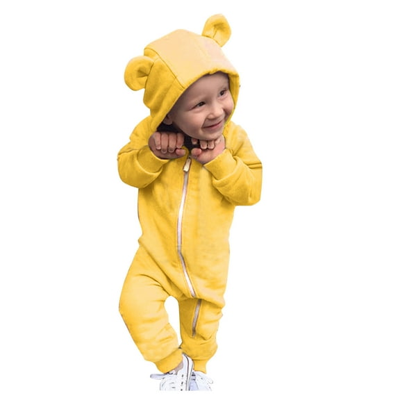 FAOWME Baby Girls Boys Cartoon Ear Solid Color Jumpsuit Onesie Soft Romper Clothes Yellow 0-6 Months