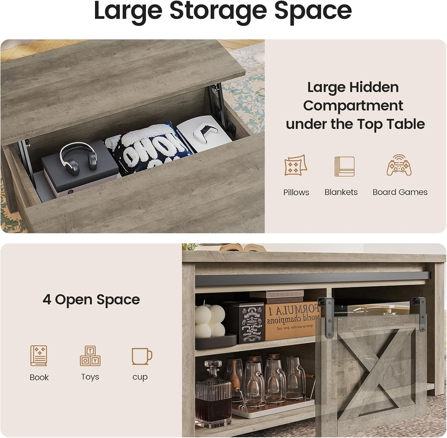 31.5" Square Lift Top Coffee Table, Farmhouse Coffee Table with Ample Storage, Wood Center Table with Sliding Doors and Large Hidden Space for Living Room Home Office, Grey