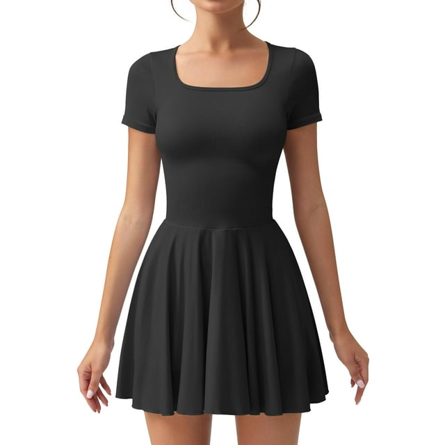 Vestido OQQ para mujer, cuello cuadrado, dobladillo con volantes, mini, negro, verano
