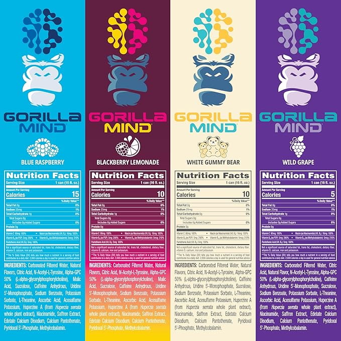 Gorilla Mind Energy Drink, No Sugar or Artificial Colors, Variety Pack 1, 16 oz, 12 pack Cans