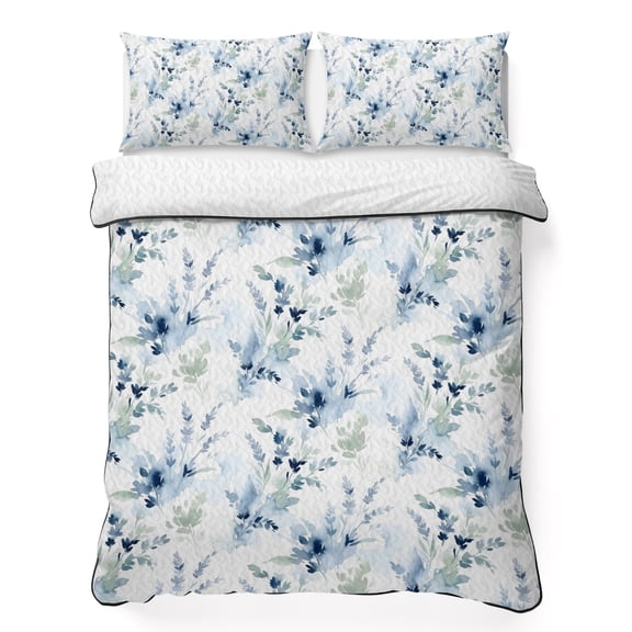 Quilts Twin Size Bedding Set, Country Floral Lightweight Quilted Comforter, Spring Watercolor Botanical Flowers Blue Green Soft Bedspread Coverlet with Pillow Covers for All Season, 68" x 86"