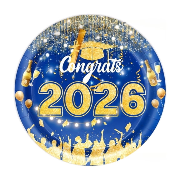 2026 Graduation Party Tableware Set, Congrats Grad Blue Gold Decorations, Banner, Plates, Napkins, Cups, Tablecloth for Grad Party Supplies (B)