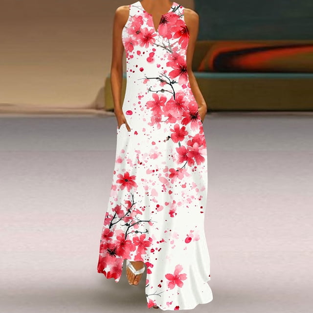 CEHVOM Robes Boho pour Femmes 2024, Robe Maxi d'Été à Fleurs Col en V Sans Manches Vintage à Volants Fluide Robe de Plage avec Poche, Robes Maxi Décontractées Fluides de Plage