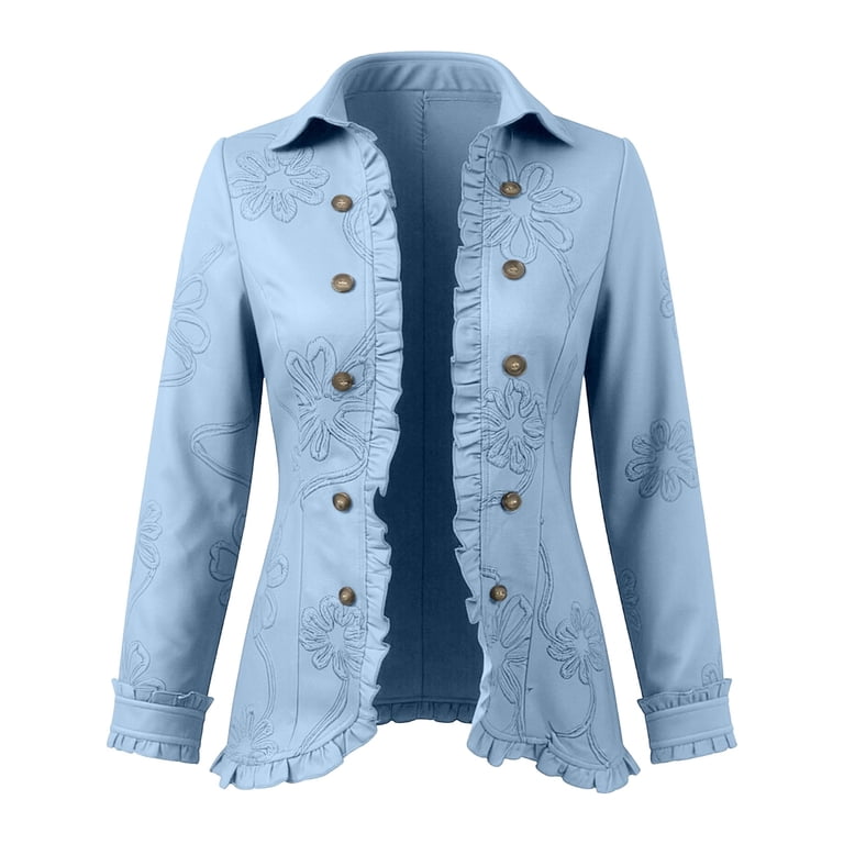 Ruffle Button Jacket Norvella Womens Floral Applique Jacket Button Front Collared Long ...