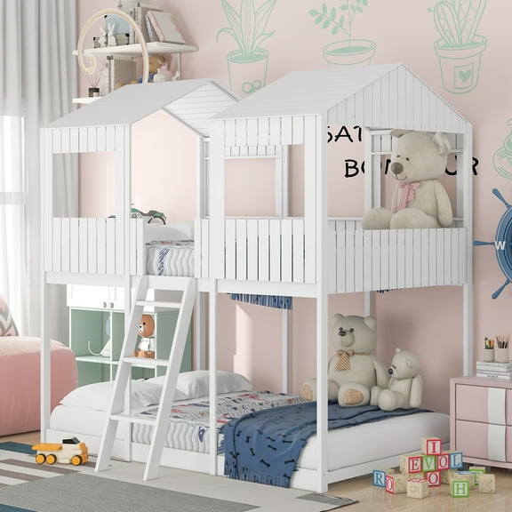 Bed Frame Full Over Full WoodBunk Bed with Roof, Window, Guardrail, Ladder
