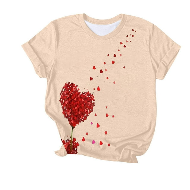 Camiseta de Manga Corta de Cuello Redondo Impresa para las Mujeres Día de San Valentín, Mezcla Ligera de Poliéster para Primavera Verano Otoño