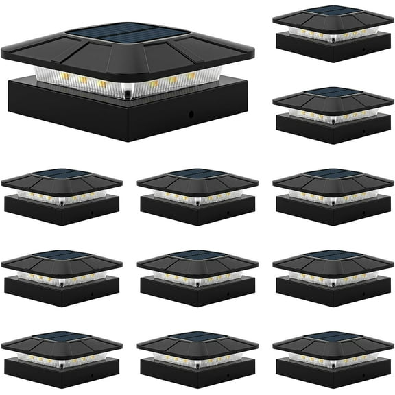 4x4 Solar Post Cap Lights (12-Pack), IP65 Waterproof with 3 Lighting Modes. Dusk-to-Dawn Auto On/Off for Fence, Deck & Patio, Fits 4x4 Wood/Vinyl Posts.