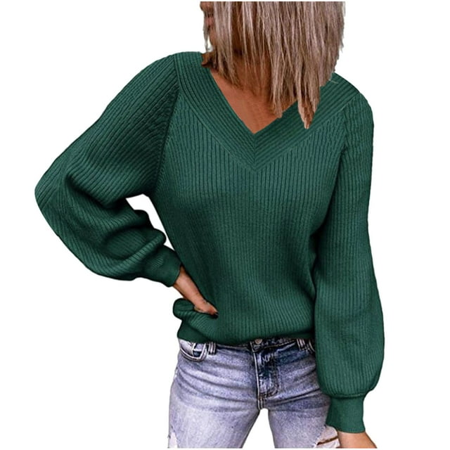 Fall Sweaters for Women V Neck Long Sleeve Solid Color Ribbed Pullover Sweaters Casual Loose Comfy Shirts Tunic Tops