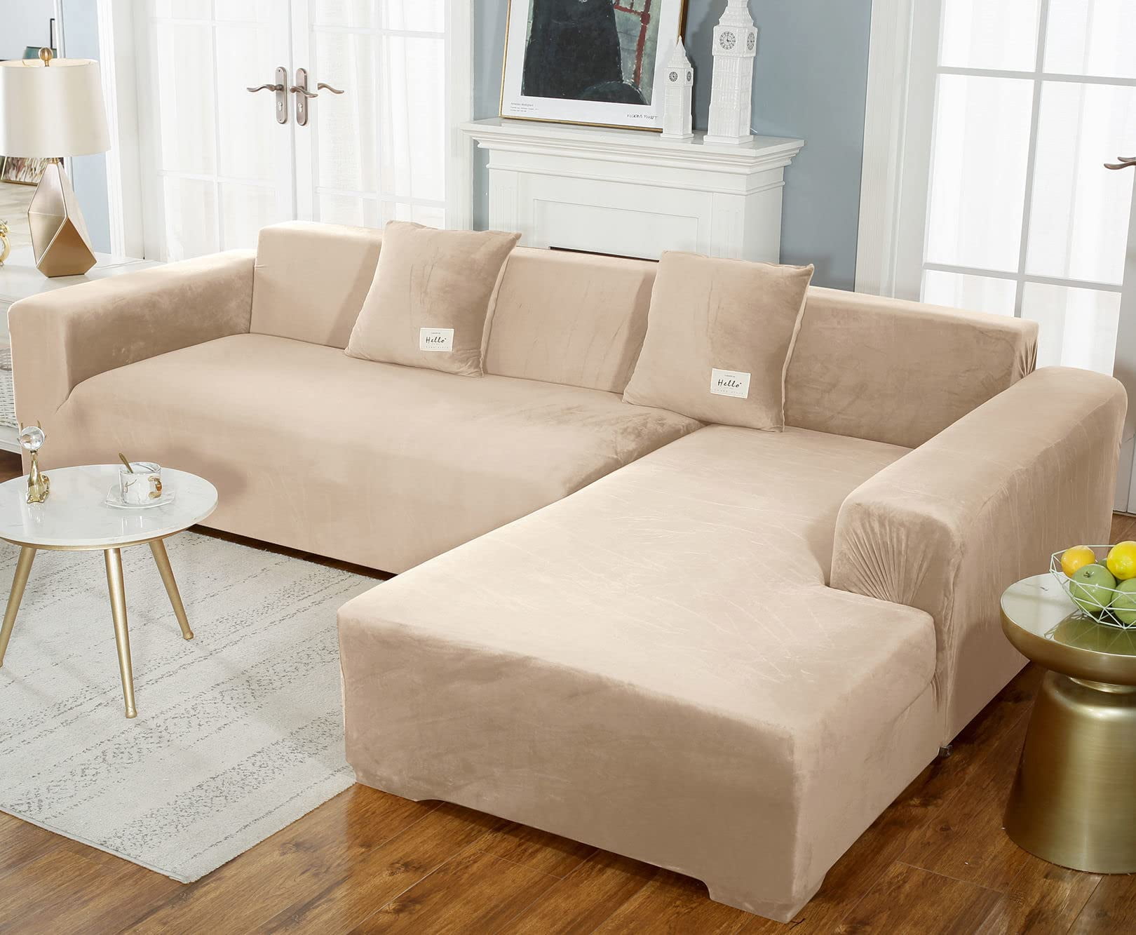 Sectional Couch Covers, Stretch Sofa Cover Velvet L-Shaped Sofa Cover Soft Non Slip Furniture Protector for Corner Sofa-Pink-3 Seater+3 Seater