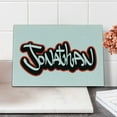 thumbnail image 2 of Jonathan Cutting Board, Teenage Boys Name Graffito Urban Arts Illustration Youthful Modern, Decorative Tempered Glass Cutting and Serving Board, Small Size, Vermilion White, by Ambesonne, 2 of 5