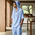 thumbnail image 5 of JUUYY Mens 2 Piece Linen Set Long Sleeve Button Down Casual Hoodie Shirt and Loose Jogger Pants Sets Beach Vacation Summer Outfits Light Blue XXL, 5 of 9
