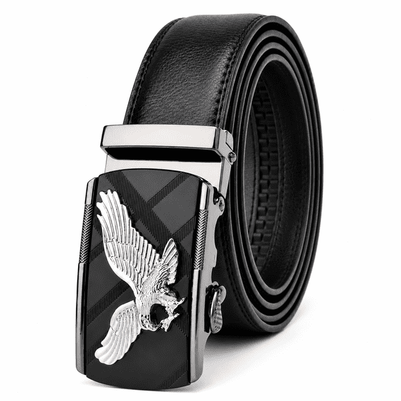 TRISJEM Men's Eagle Ratchet Belt with Automatic Buckle, 1.38" Composite Leather Dress Belt, Adjustable Cut-to-Fit Big and Tall Belt for Jeans and Pants, Black or Brown, Waist 33"-61"