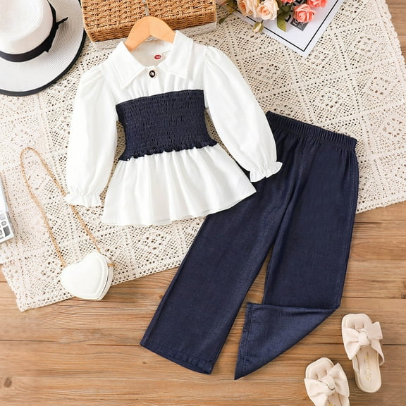Placlothes Kids Girl White Outfit Set 2T-6T - Peter Pan Collar Puff Sleeve Top & Denim Texture Elastic Waist Pants, Soft Stretch,Size 3-4T