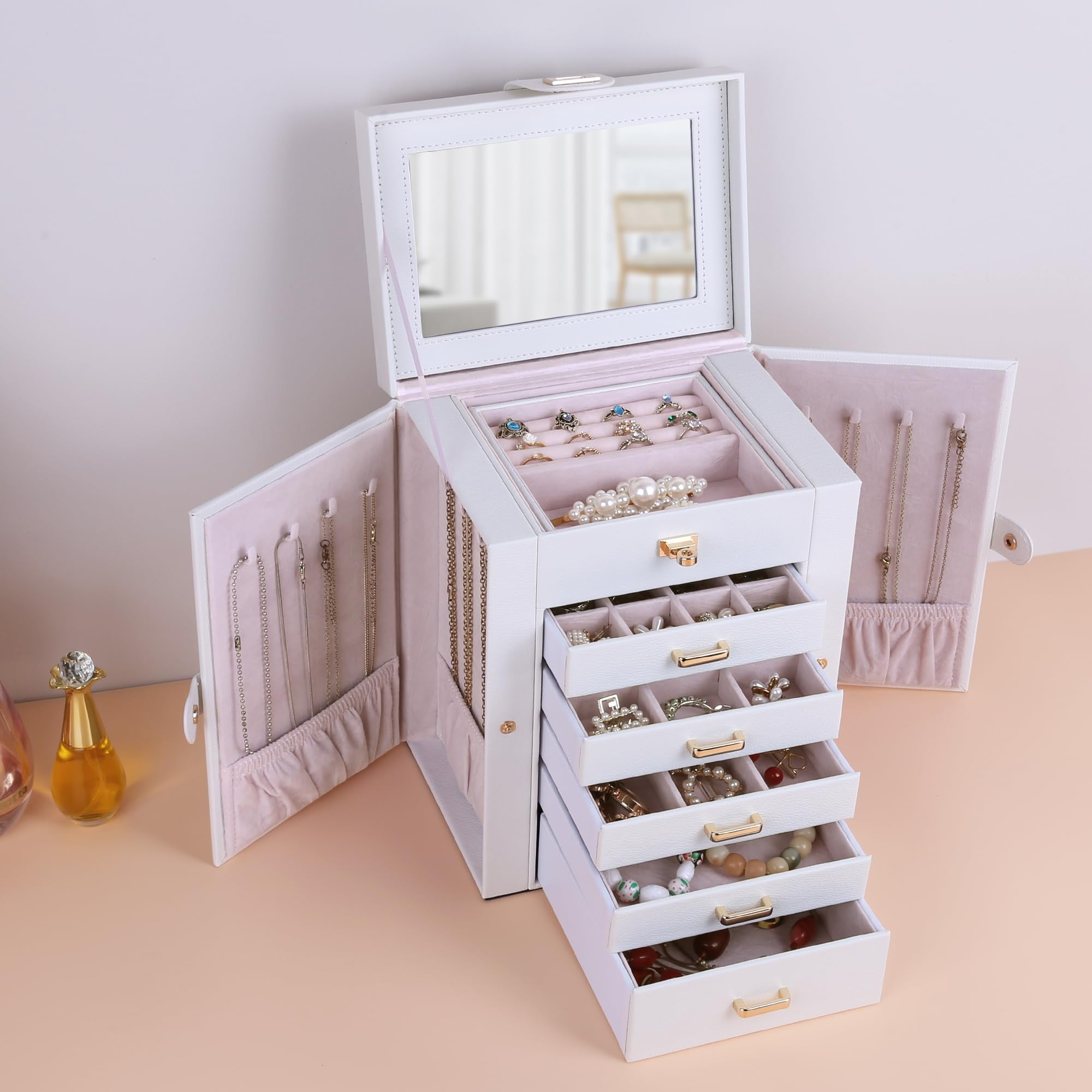Kendal Jewelry Box, 6-Layer Jewelry Storage Organizer for Necklace Bracelet Rings Watch, 10.2"x8.2"x6" Classic Pink PU Leather 5 Drawers Large Storage Capacity with Mirror