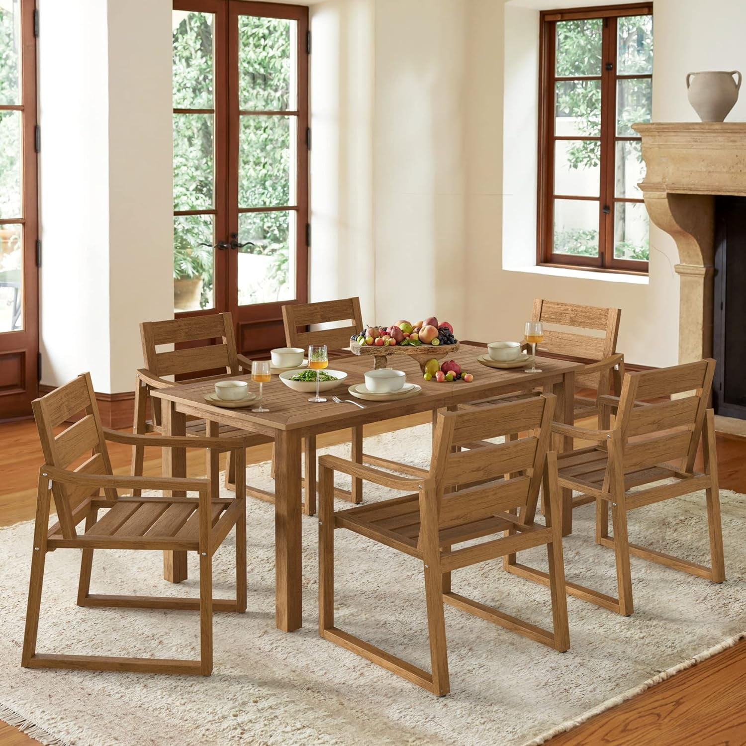 Dycanpo Outdoor Dining Table and Chairs 7-Piece Set,Weather Resistant Patio Chairs with Armrest for Indoors,Teak