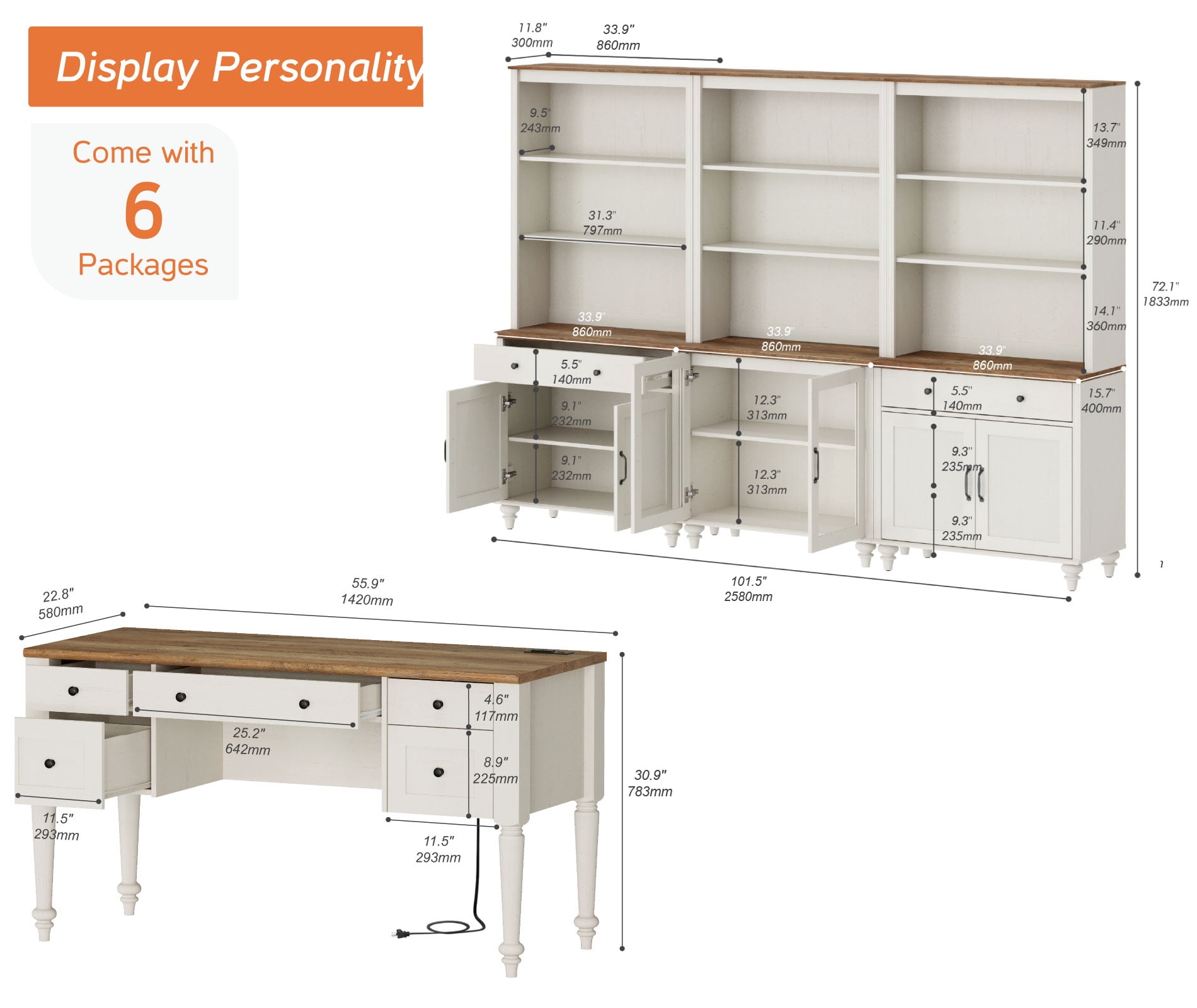 2 - Piece Office Set, 56" Executive Desk, Bookcases With 2 Drawers And 2 Glass Doors