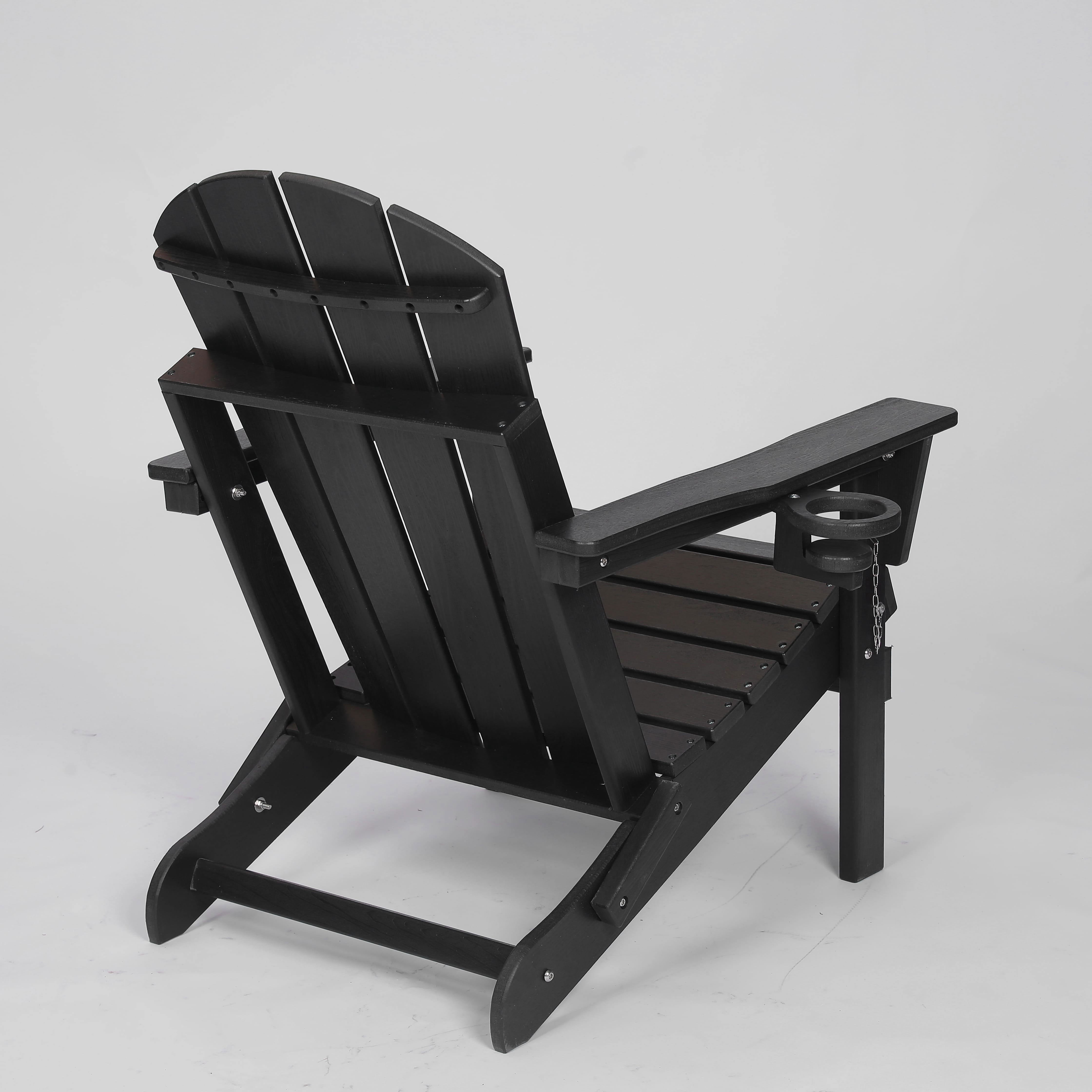 Resenkos HDPE Folding Adirondack Chair with Dual Cup Holder, Wood Look Composite Outdoor Seating for Patio and Deck, Black