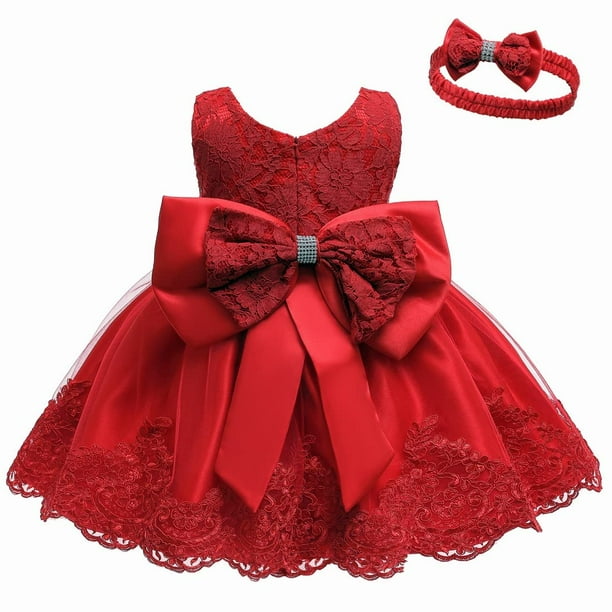 Vestido LZH de encaje rojo con lazo para niñas de 3 a 6 meses