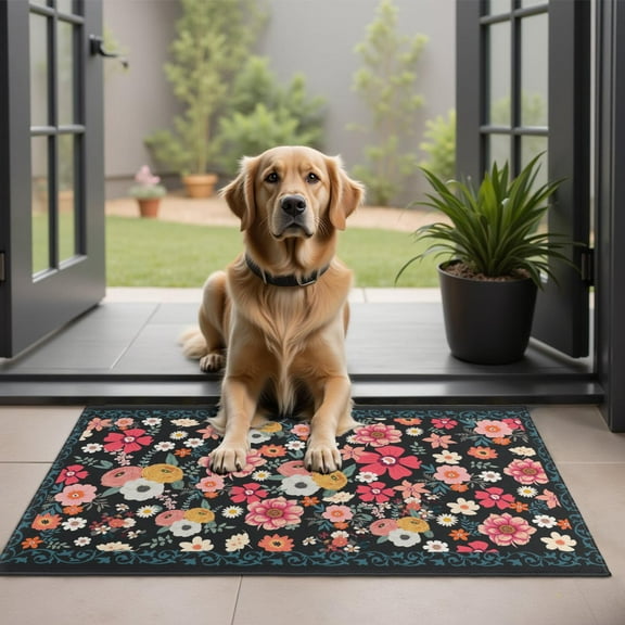 Bohemian Retro Floral Non-Slip Entryway Door Mat,Boho Indoor Decor Durable Low Plush Door Mat,Washable Welcome Rug for Patio Hallway Home Decor 20x32 Inches