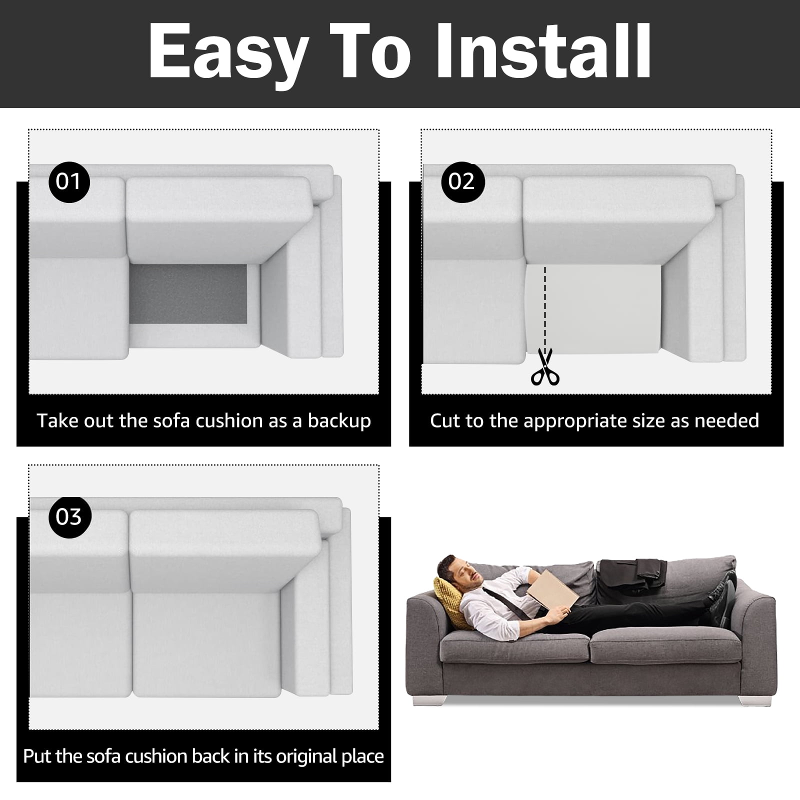 Dznils Sofa Couch Cushion Support for Sagging Seat, 20" x 20", White, Set of 3