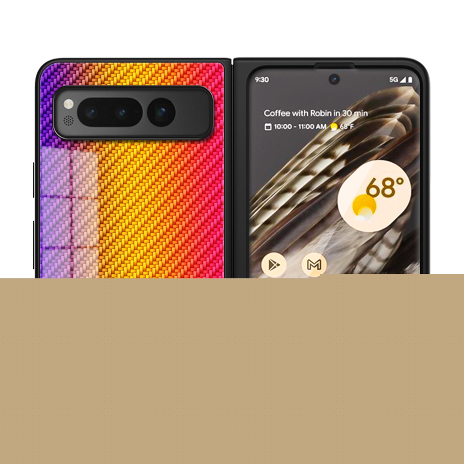 ELEHOLD Case for Google Pixel Fold, Shockproof Luxury Carbon Fiber Textured Glass Case Cover,Gold