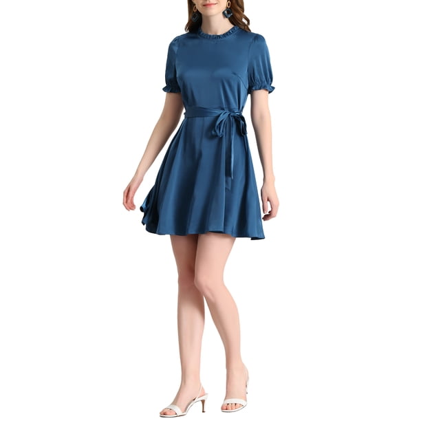 INSPIRE CHIC Women's Ruffle Neck Stand Collar Tie Waist Satin Puff Short Sleeve Dresses Blue L