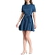 thumbnail image 1 of INSPIRE CHIC Women's Ruffle Neck Stand Collar Tie Waist Satin Puff Short Sleeve Dresses Blue L, 1 of 6