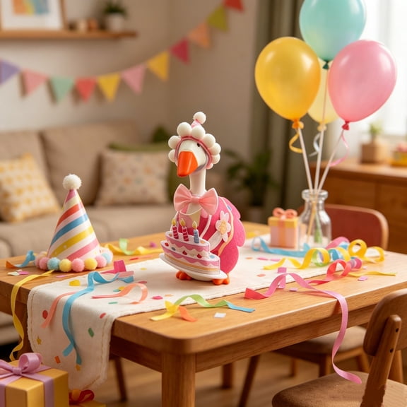7 Inch Desktop Goose Birthday Outfit Set, Pink Polyester Removable Costume with Hat & Bow, Mini Figurine Party Decoration for Shelf Desk Windowsill (Goose Not Included)