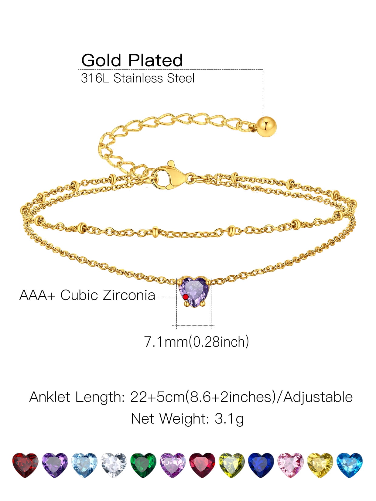 Suplight 925 Stelring Silver Birthstone Crystal Anklet Double Layered Ankle Chain Bracelets for Women