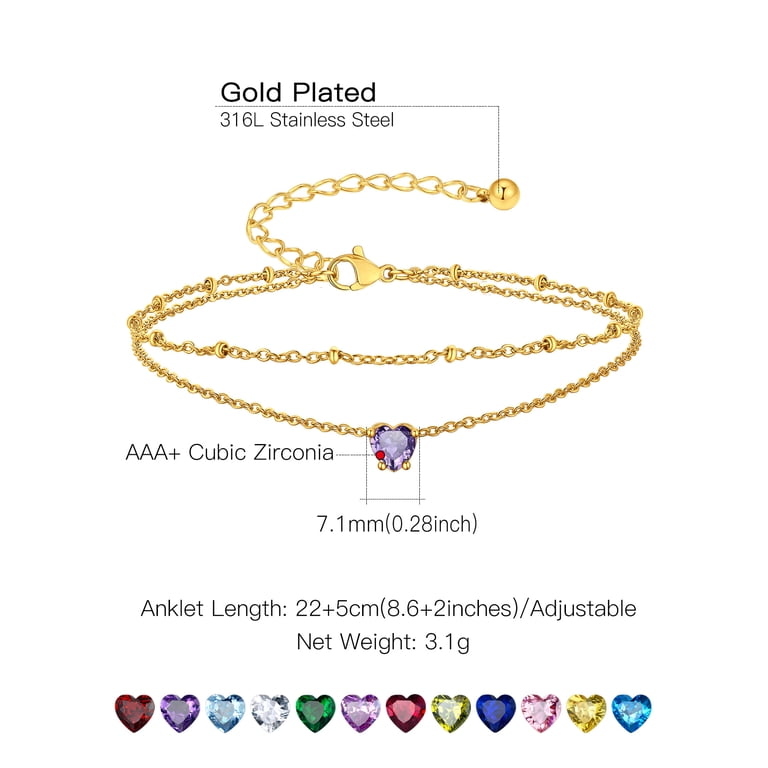 Suplight 925 Sterling Silver Birthstone Anklet, Double Layered photo 8