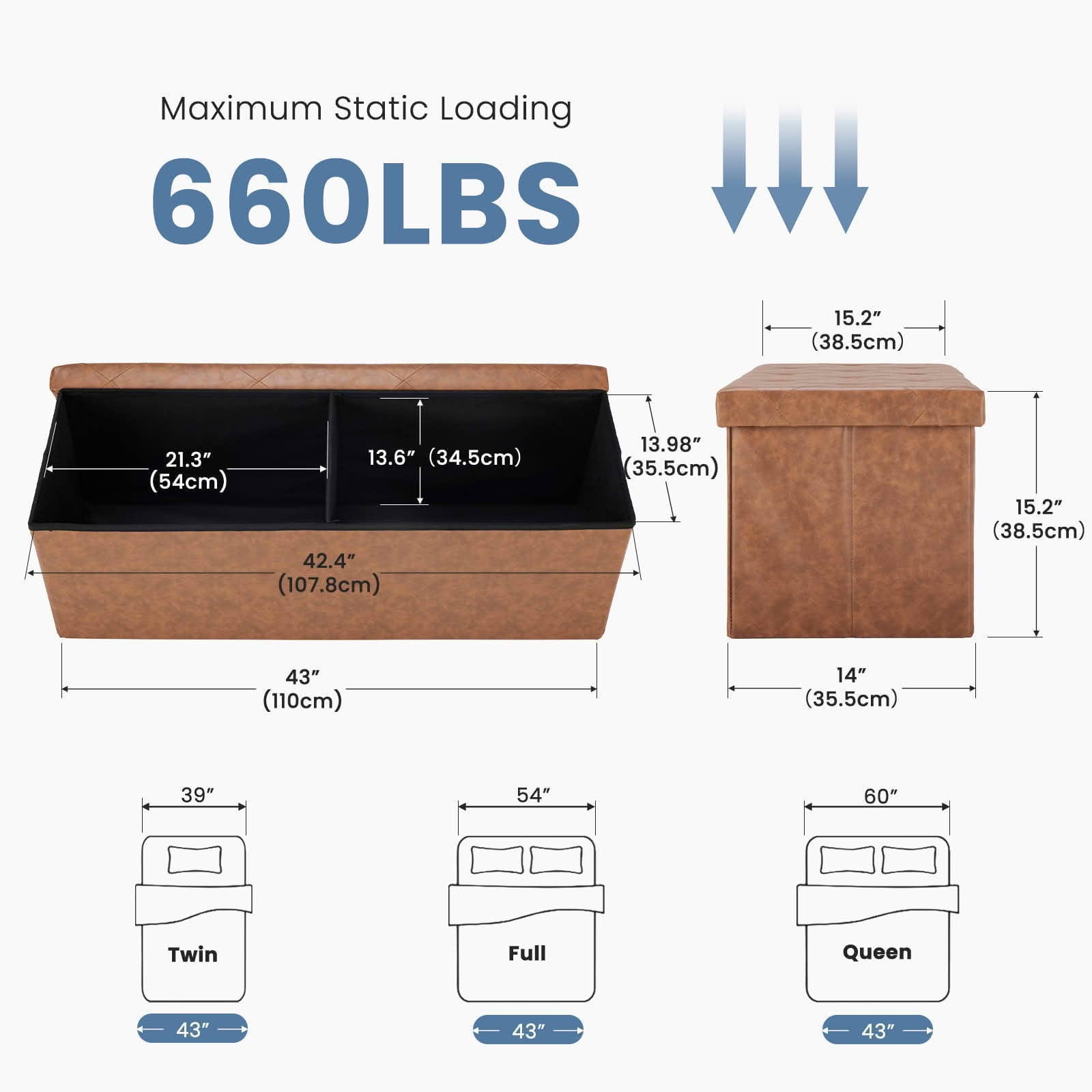 MAYEERTY 43in Foldable Storage Ottoman Foot Rest Stool Synthetic Leather Thicker Foam Seat