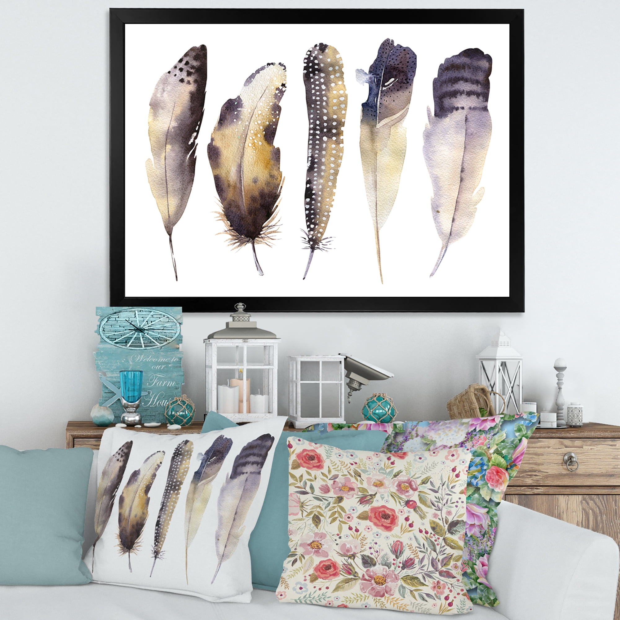 Designart 'Dark Gray Feathers Boho Ethnic I' Bohemian & Eclectic Framed Art Print