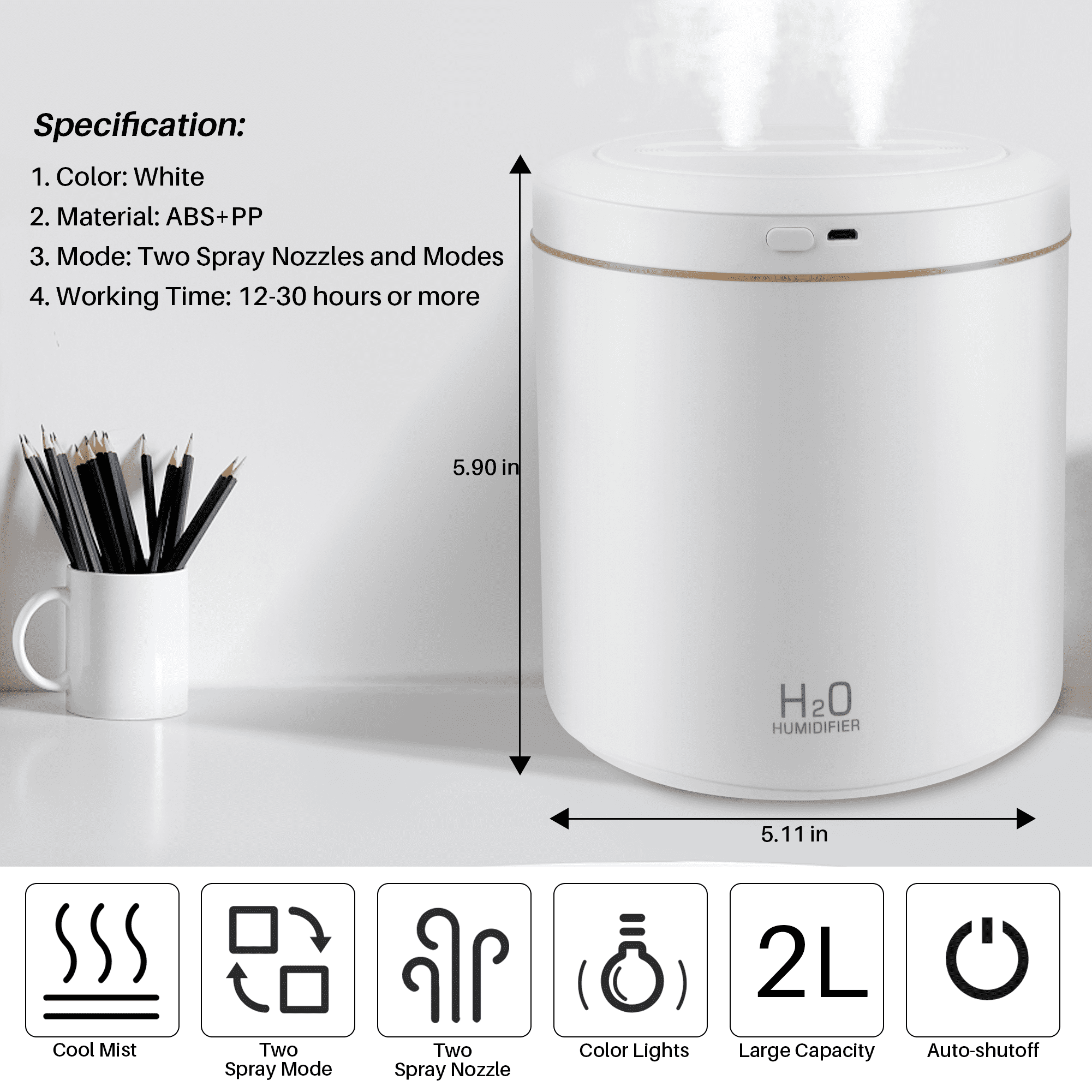 VIIWII 2L Ultrasonic Cool Mist Humidifier, Silent Operation, White