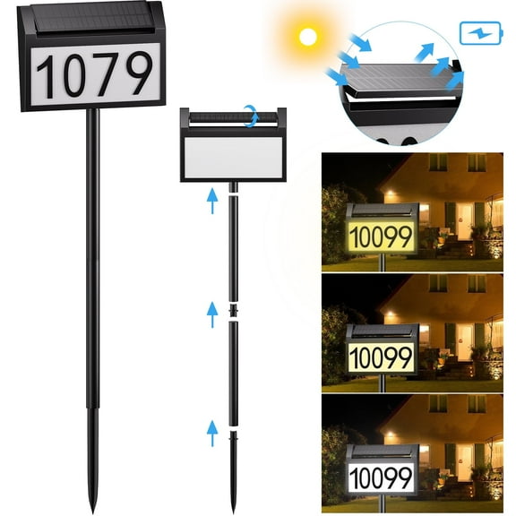 Solar Address Signs for Yard, Solar Powered House Numbers for Outside Light Up with 3-Color in 1, IP65 Waterproof LED Illuminated Plaques In Ground for Patio, Garden