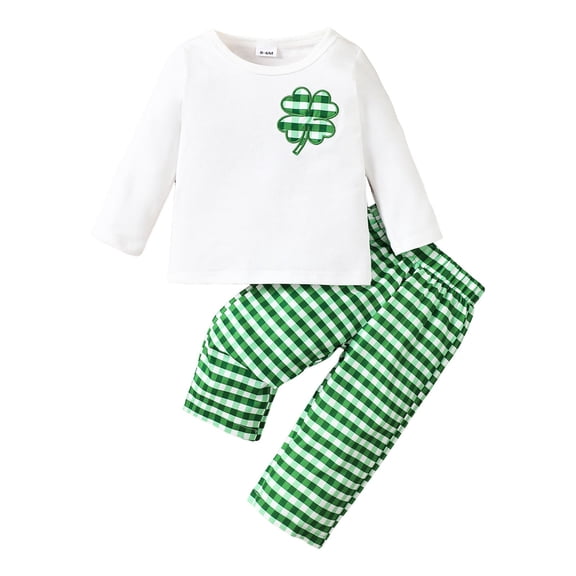 Staki Toddler Baby Girl St. Patrick's Day Outfit Four-Leaf Clover Long Sleeve Sweatshirt Top and Pants Set Saint Patricks Day Toddler Baby Girl Outfit 0-6M,12-24M,2-3T(White,0-6 Months)
