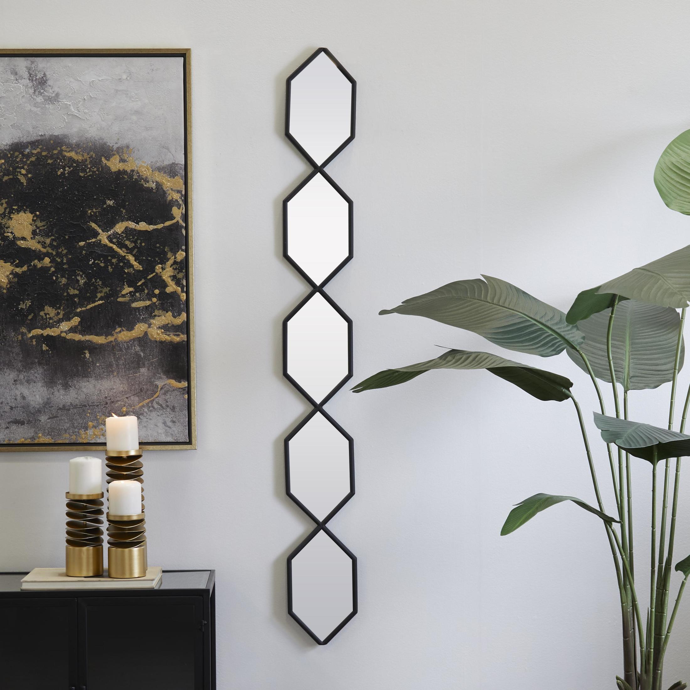 DecMode 7" x 59" Black Slim Stacked Chain 5 Layer Geometric Wall Mirror with Trellis Pattern