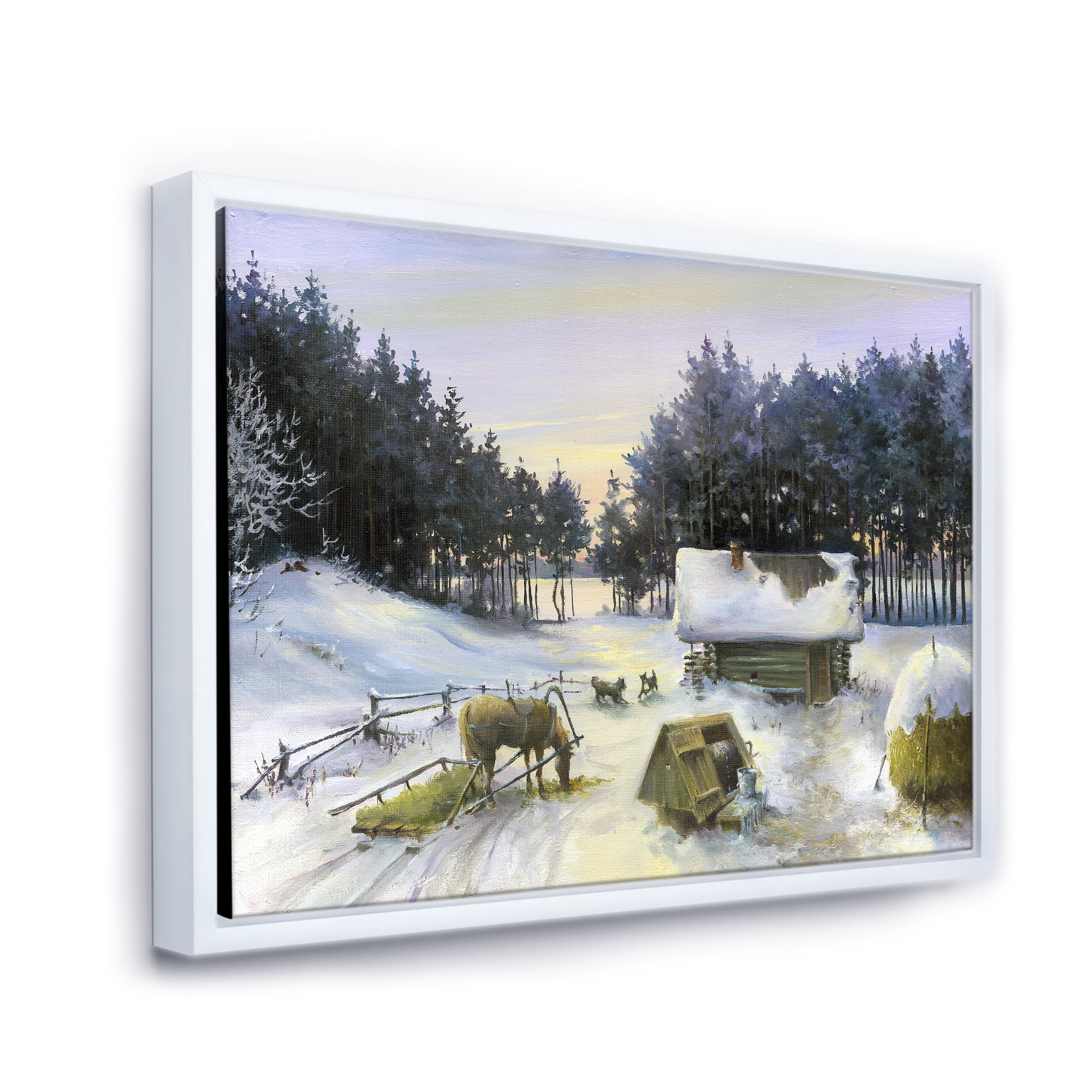 Designart 'Cottage Covered In Snow With Winterscene' Country Framed Canvas Wall Art Print