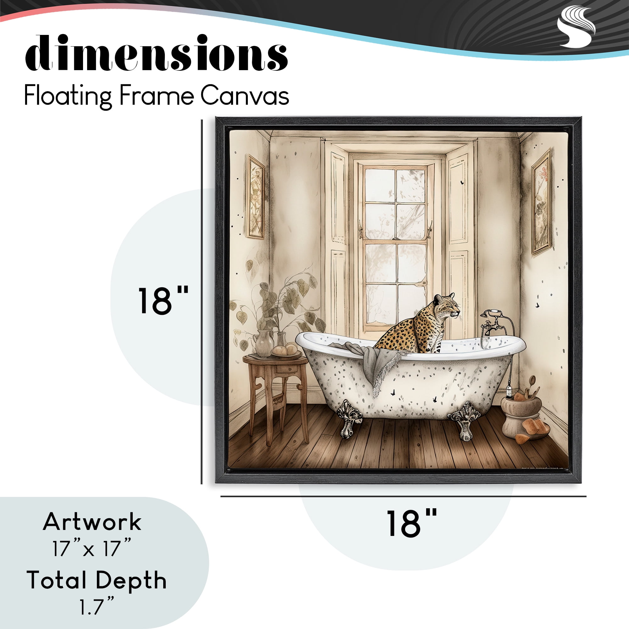Neutral Leopard Bathtime Black Framed Floater Canvas Wall Art, design by Sasha