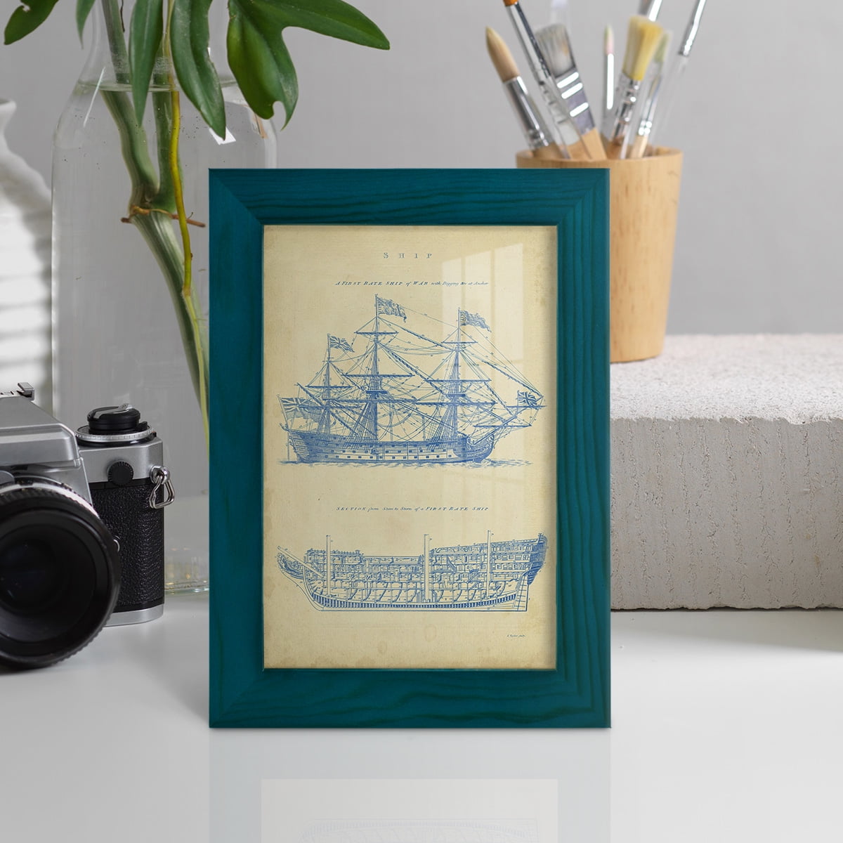 Vintage Ship Blueprint -Framed Print w/glass-Ocean Blue