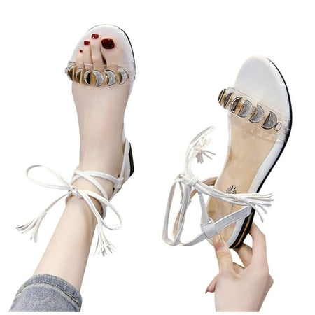 

Aayomet Wedge Sandals for Women Strap Casual Metal Size Ladies Heel Low Sandals Large Fashion Ankle Sheet Women s sandals White 7.5