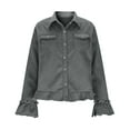 thumbnail image 4 of ZQUUVOU Women's Faux Suede Blouse Slim Collar Ruffle Trim Button Front Vintage Shirt for Women Vintage Outfit Gray, 4 of 9