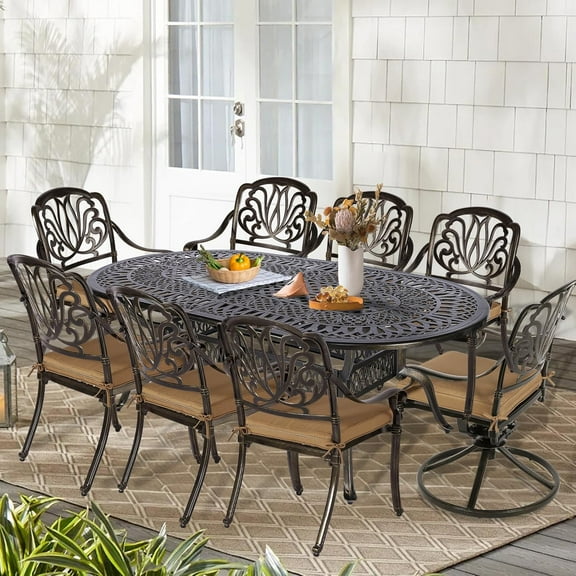 9-Piece Patio Cast Aluminum Dining Set, Outdoor Dining Furniture Set for 8 Person, includes 6 Stationary, 2 Swivel Dining Chairs, 84" Oval Table w/Umbrella Hole for Patio Garden, Tan