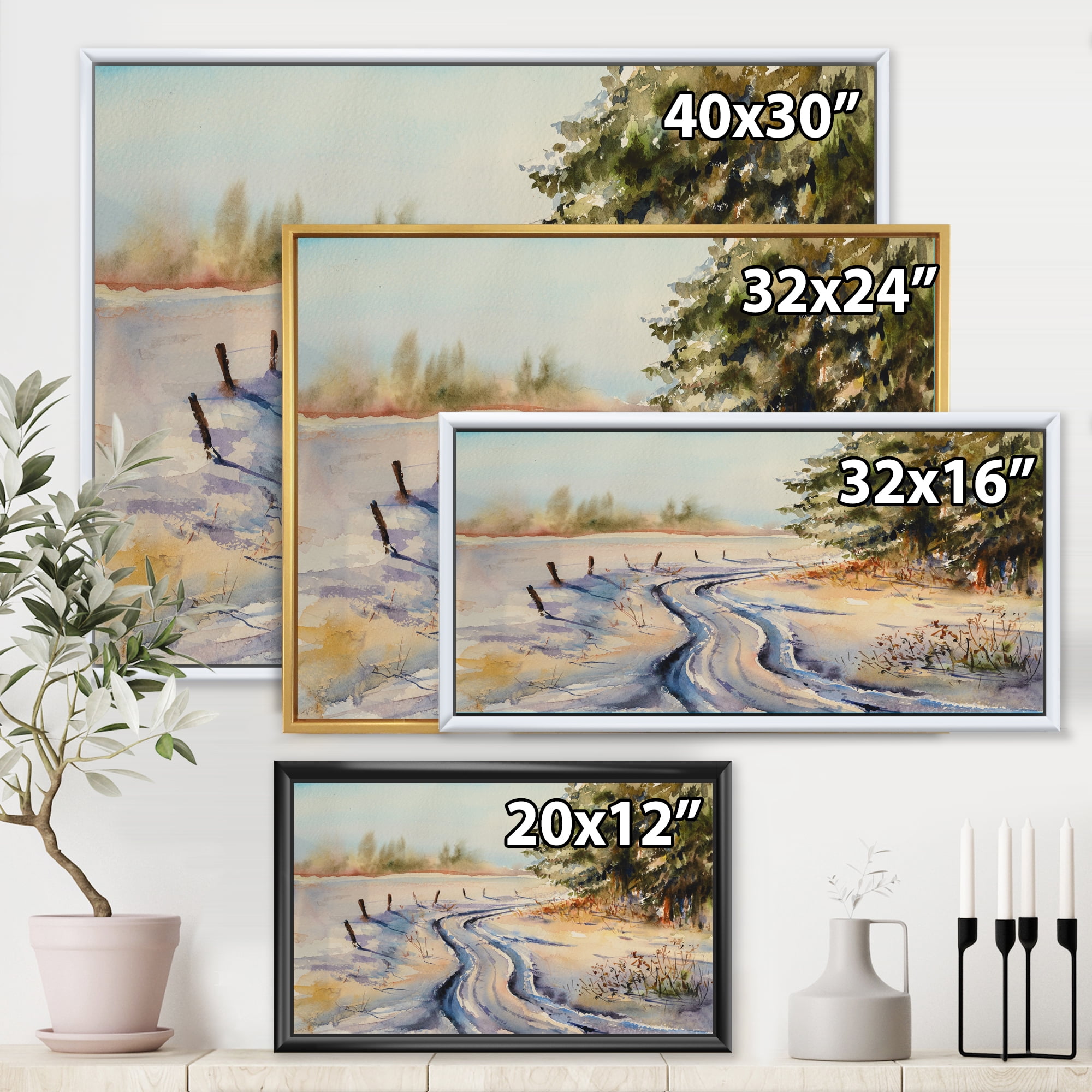 Designart 'Snowy Winter Forest Landscape Rural Road In Snow' Traditional Framed Canvas Wall Art Print