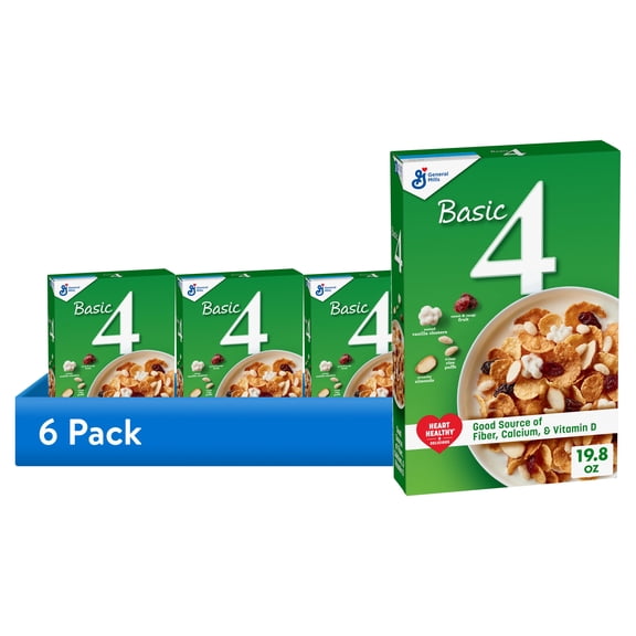 (6 pack) Basic 4 Cereal, Heart Healthy, 5g Fiber, Fruit and Nut Cereal with Whole Grain, 19.8 oz