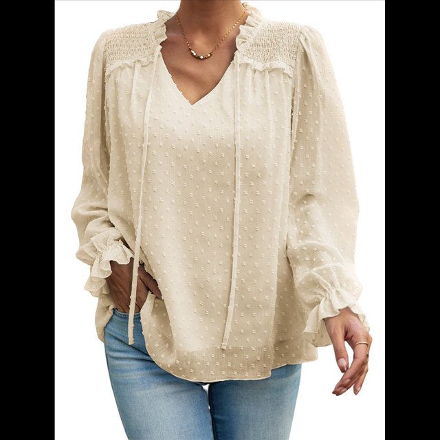 Blusa Informal de Verano para Mujer, con Lunares Suizos, Cuello en V, Larga, Holgada y Elegante, Ideal para Oficina. Albaricoque L