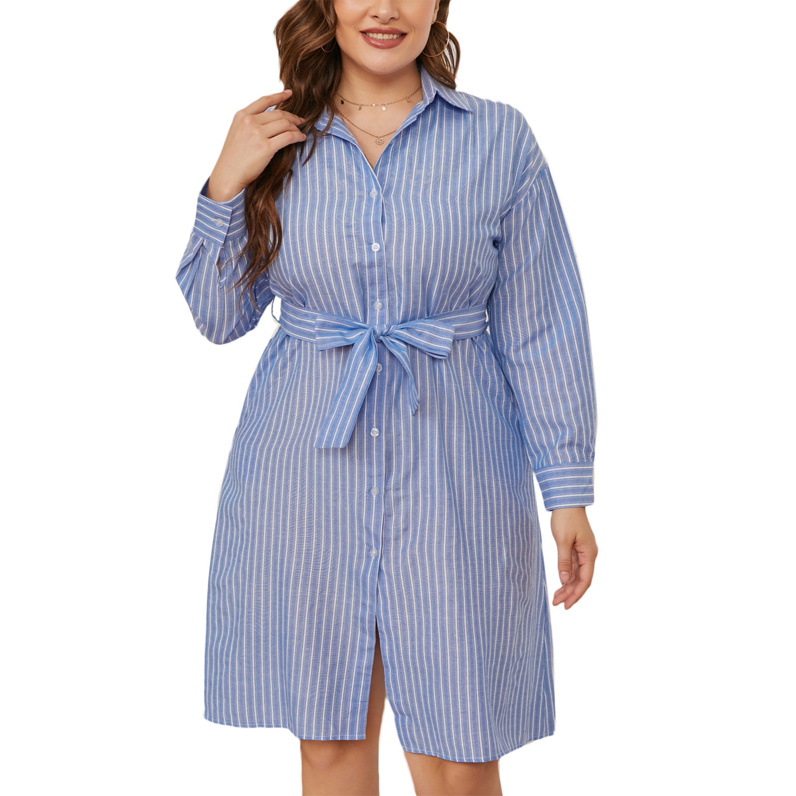 Womens Size Long Sleeve Lapel Button Down Midi Long Shirt Dress Vertical Striped Tie Waist Casual Loose Office Lady Blouse with Pockets - Walmart.com