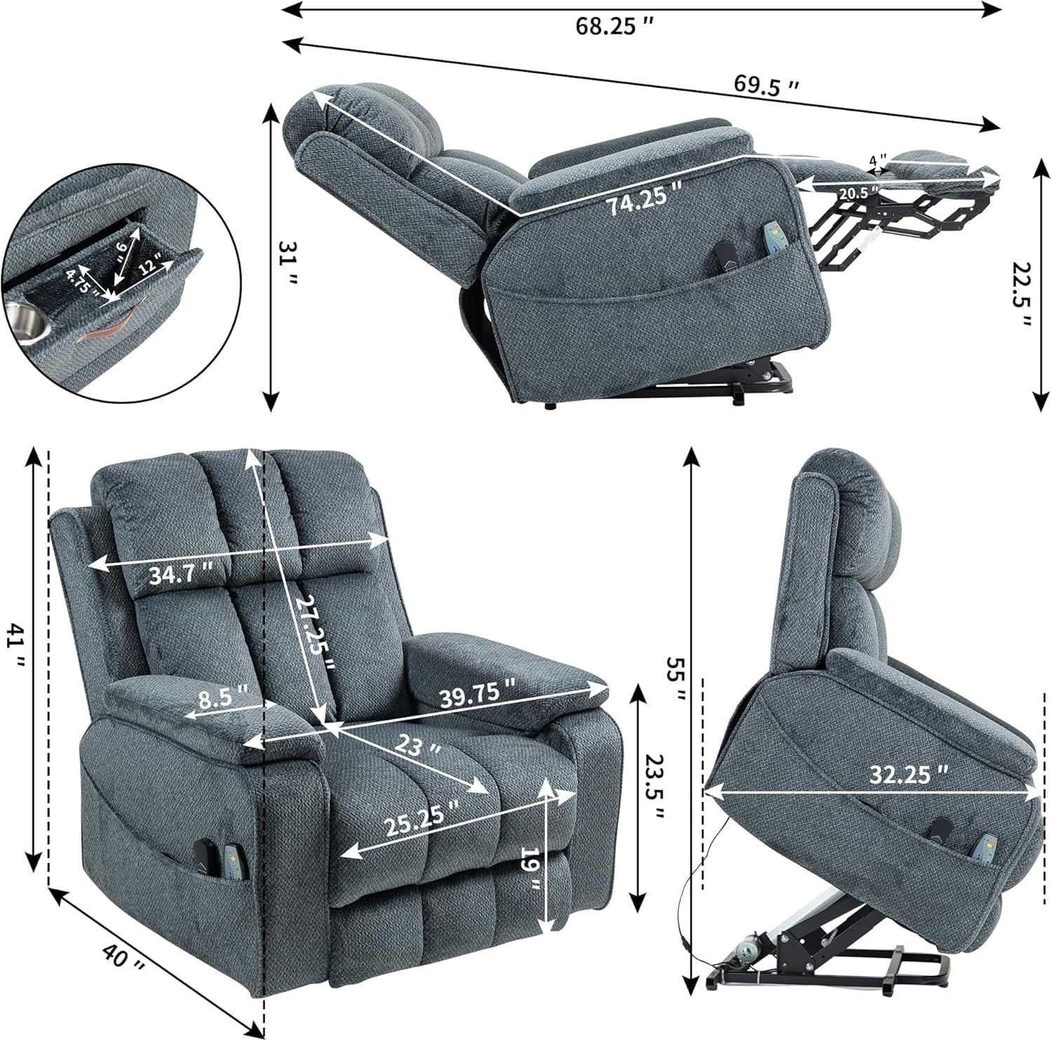 Power Lift Recliner Chairs for Elderly Big Man 400lbs, Oversized Lay Flat Recliner with Heat & Massage, Extended Footrest and Side Storage Cup Holder, USB Type C Charging for Adults Seniors